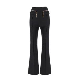 HarleyFashion Womnen Black Wide Leg Pants High Waist Chain Zipper Full Length Quality Trousers