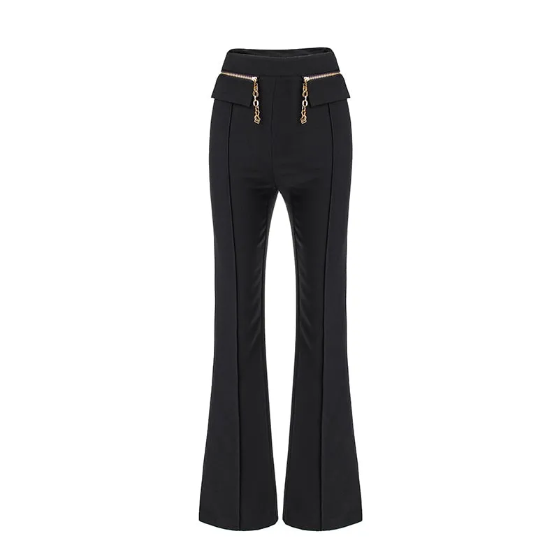 HarleyFashion Womnen Black Wide Leg Pants High Waist Chain Zipper Full Length Quality Trousers