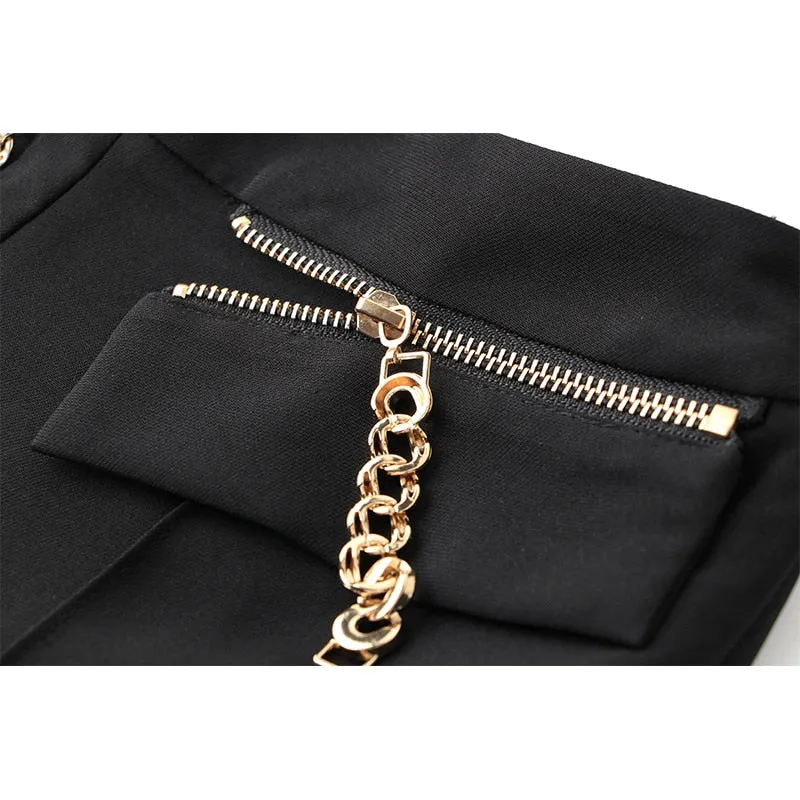 HarleyFashion Womnen Black Wide Leg Pants High Waist Chain Zipper Full Length Quality Trousers