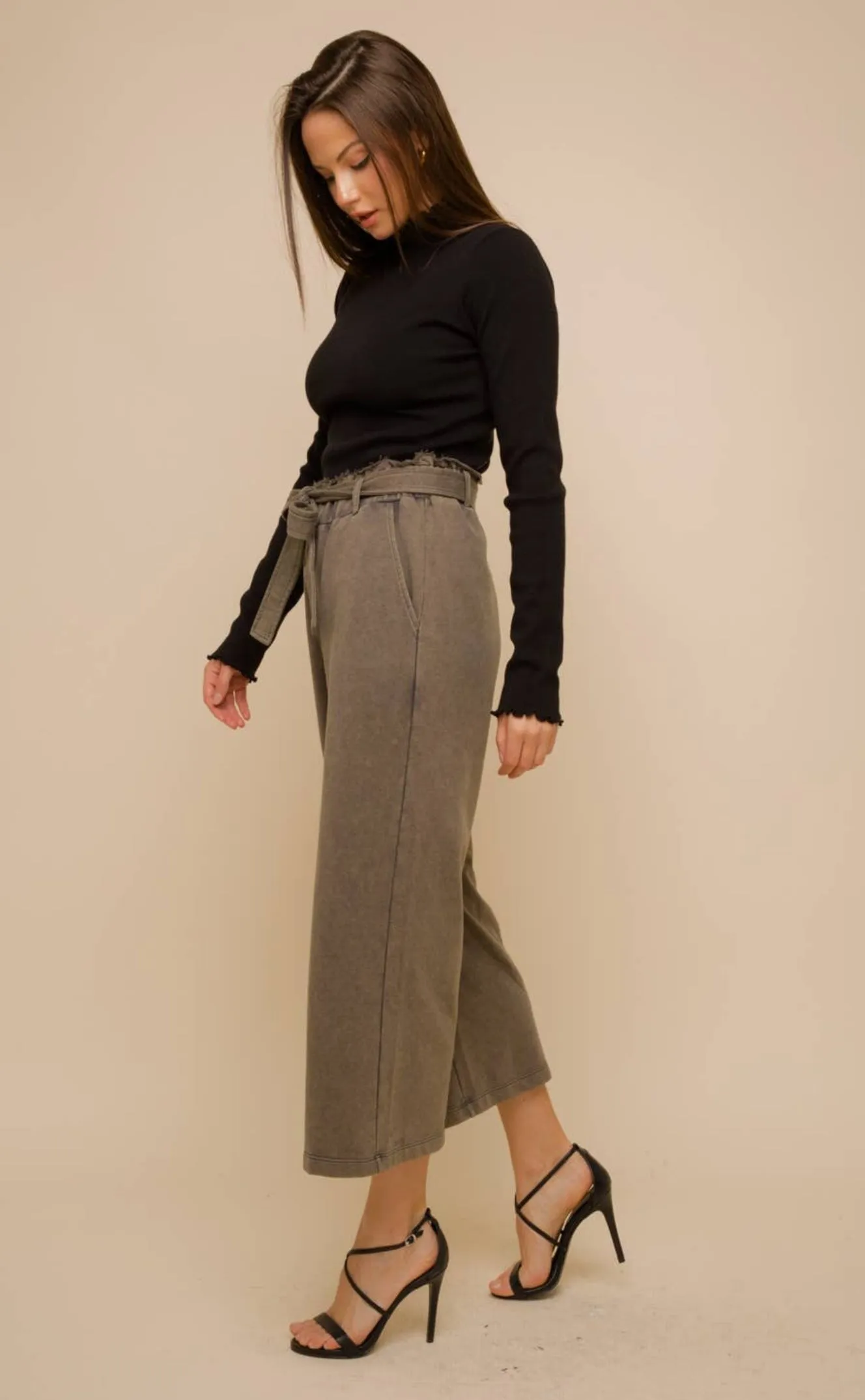 Hem & Thread Tie Waist Snow Wash Khaki French Terry Wide Leg Pants