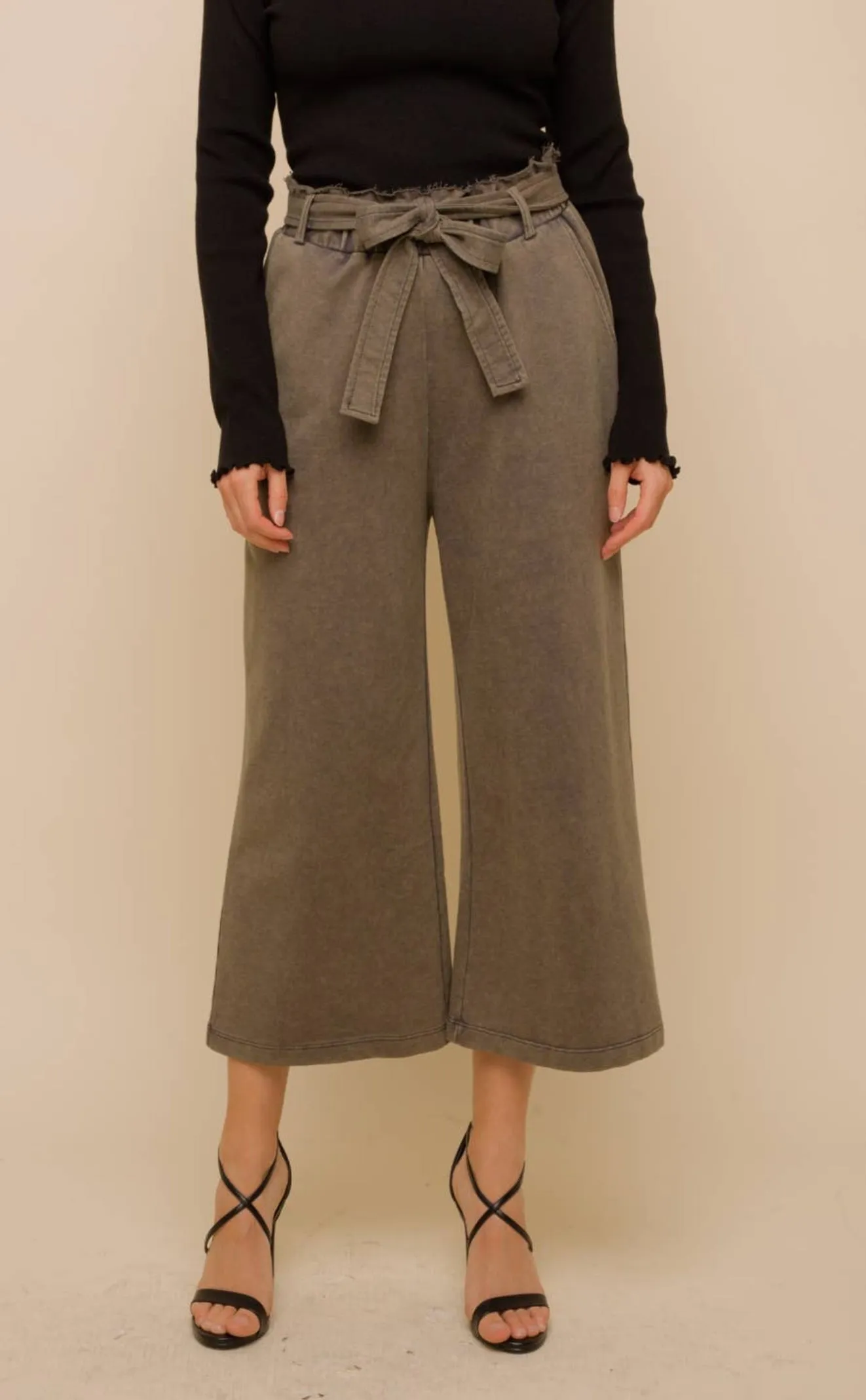 Hem & Thread Tie Waist Snow Wash Khaki French Terry Wide Leg Pants