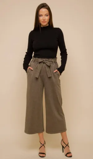 Hem & Thread Tie Waist Snow Wash Khaki French Terry Wide Leg Pants