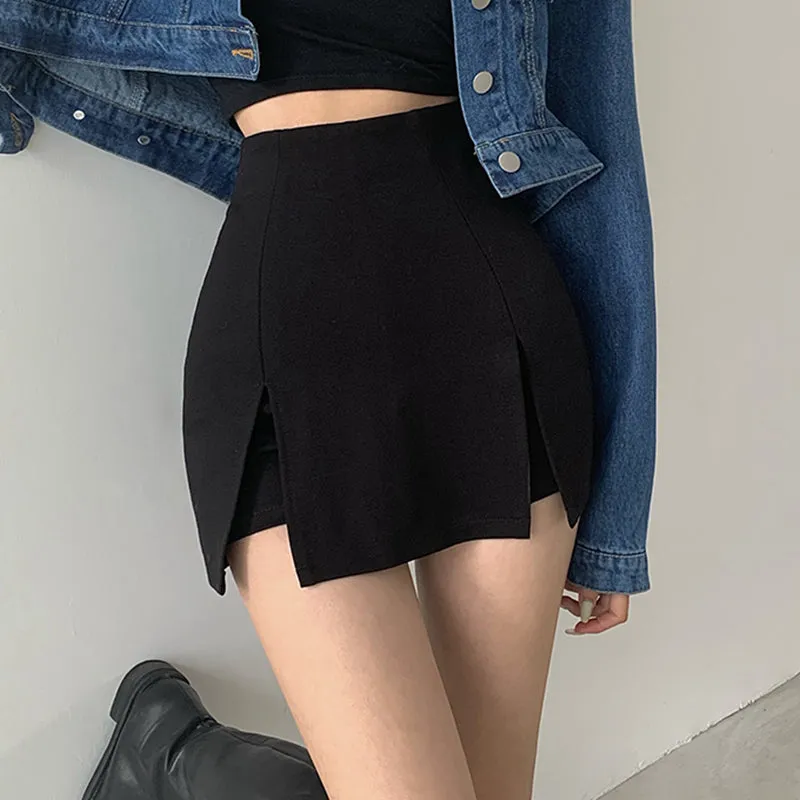 High Waist Bag Hip Split Straight Black Casual Shorts