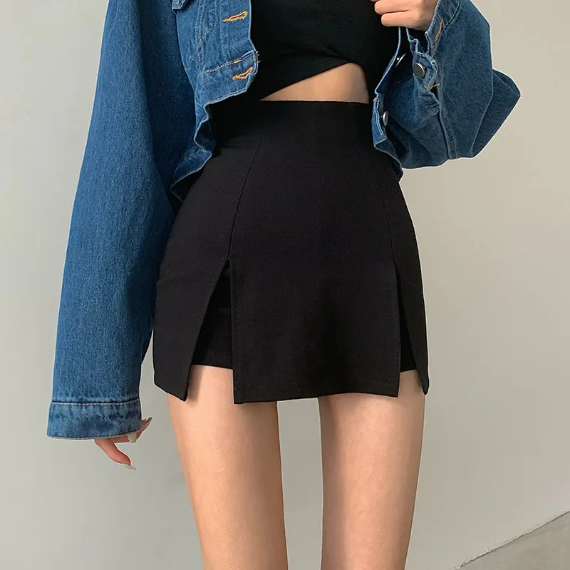 High Waist Bag Hip Split Straight Black Casual Shorts