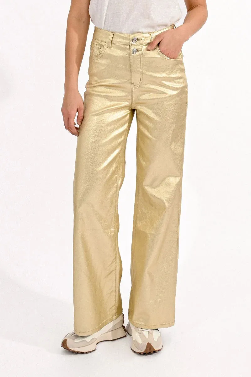 High Waist Coated Pants - Golden Beige