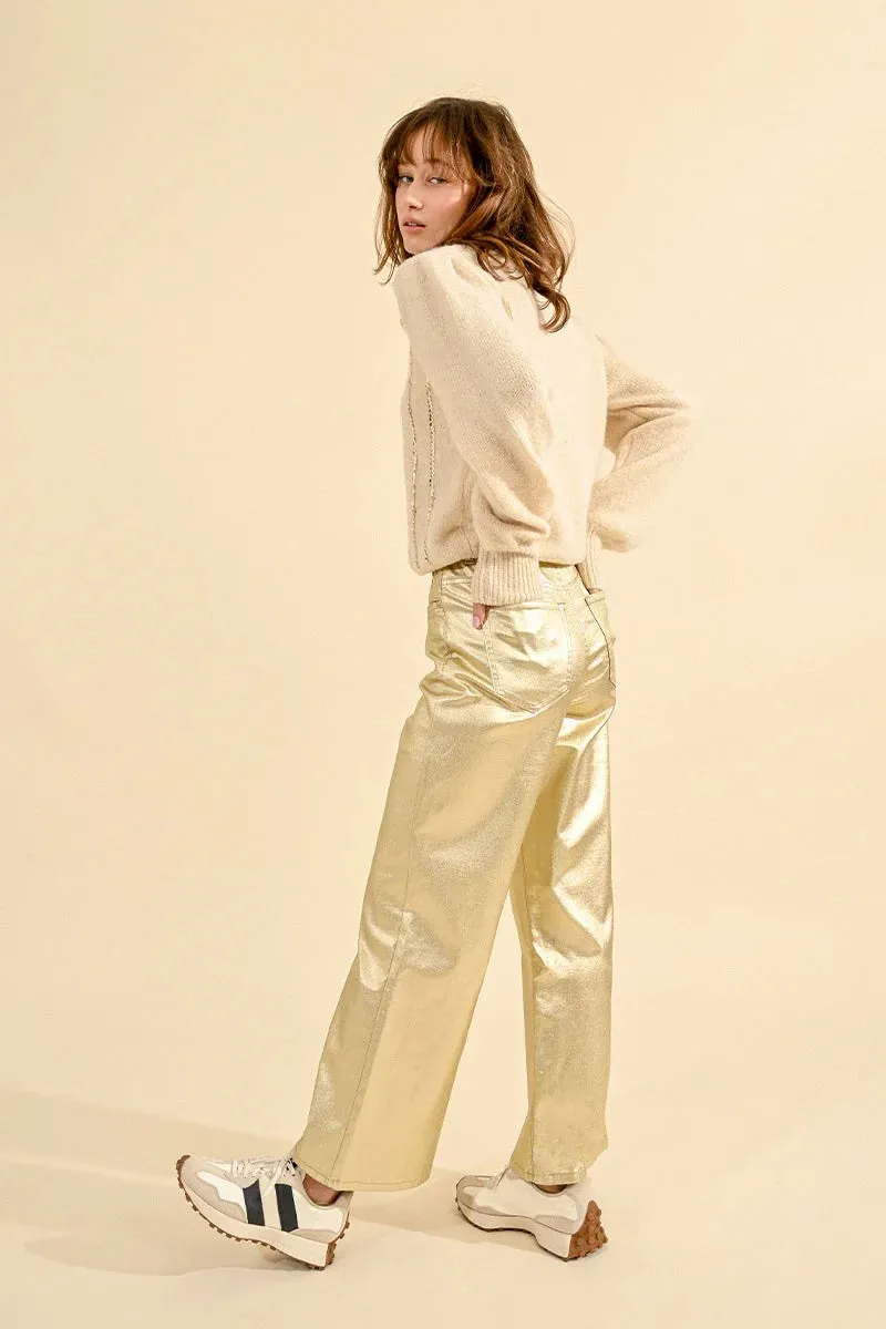 High Waist Coated Pants - Golden Beige