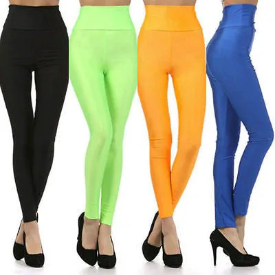 High Waist Leggings Stretch Nylon Solid Fold Over Skinny Pants Long