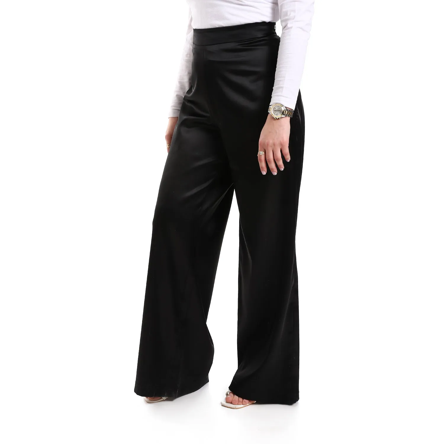 High Waist Plain Side Zipper Women Pants-black