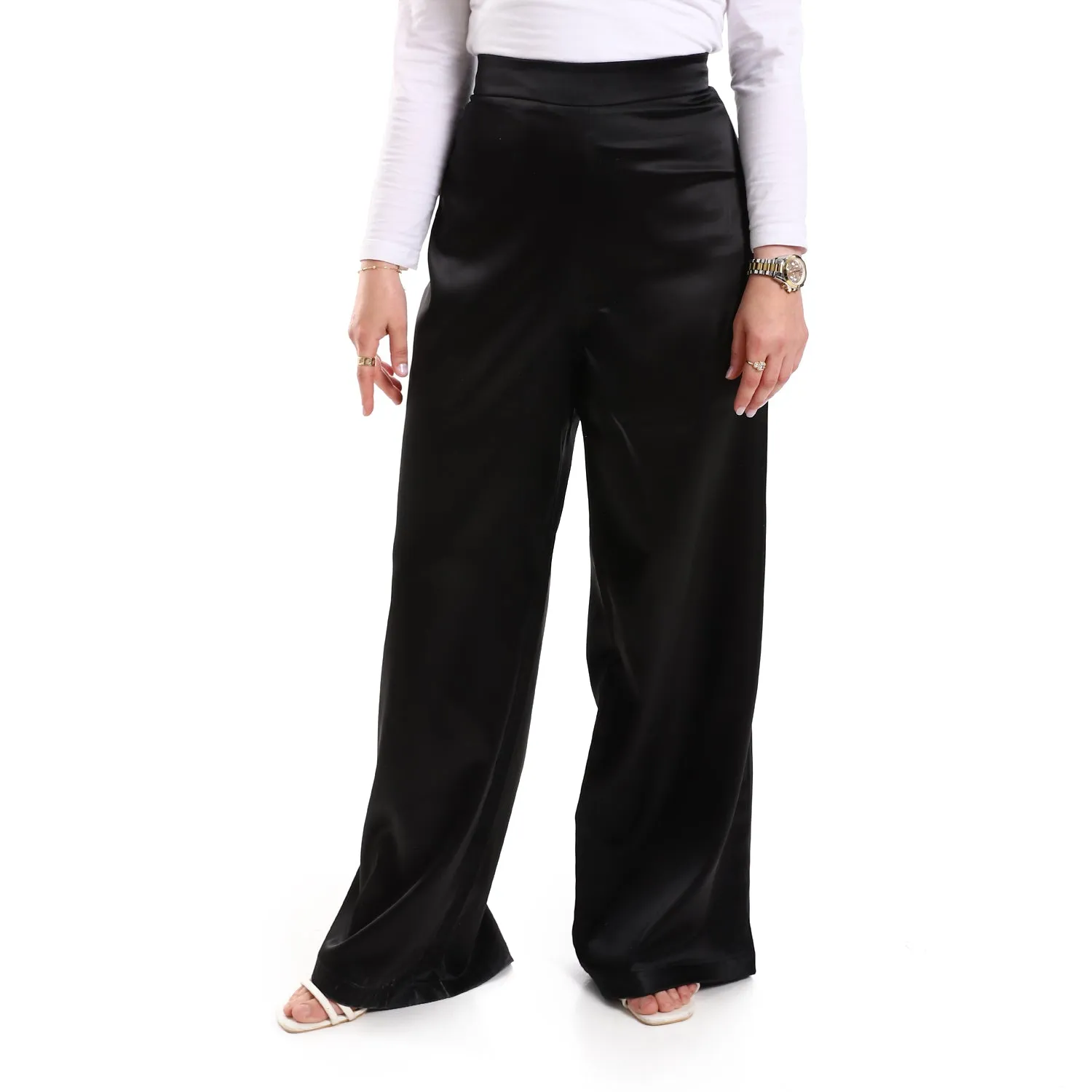 High Waist Plain Side Zipper Women Pants-black