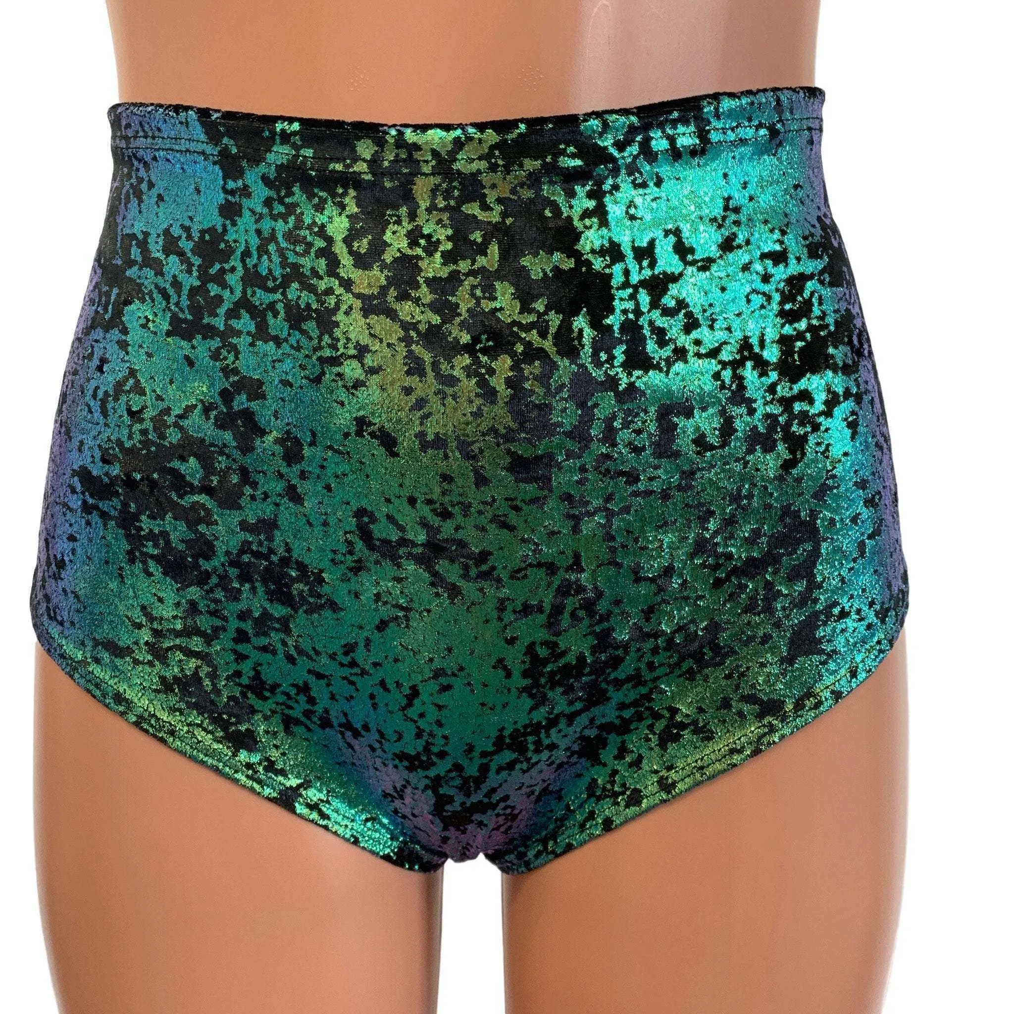 High Waist Scrunch Bikini Hot Pants - Black/Green Gilded Velvet