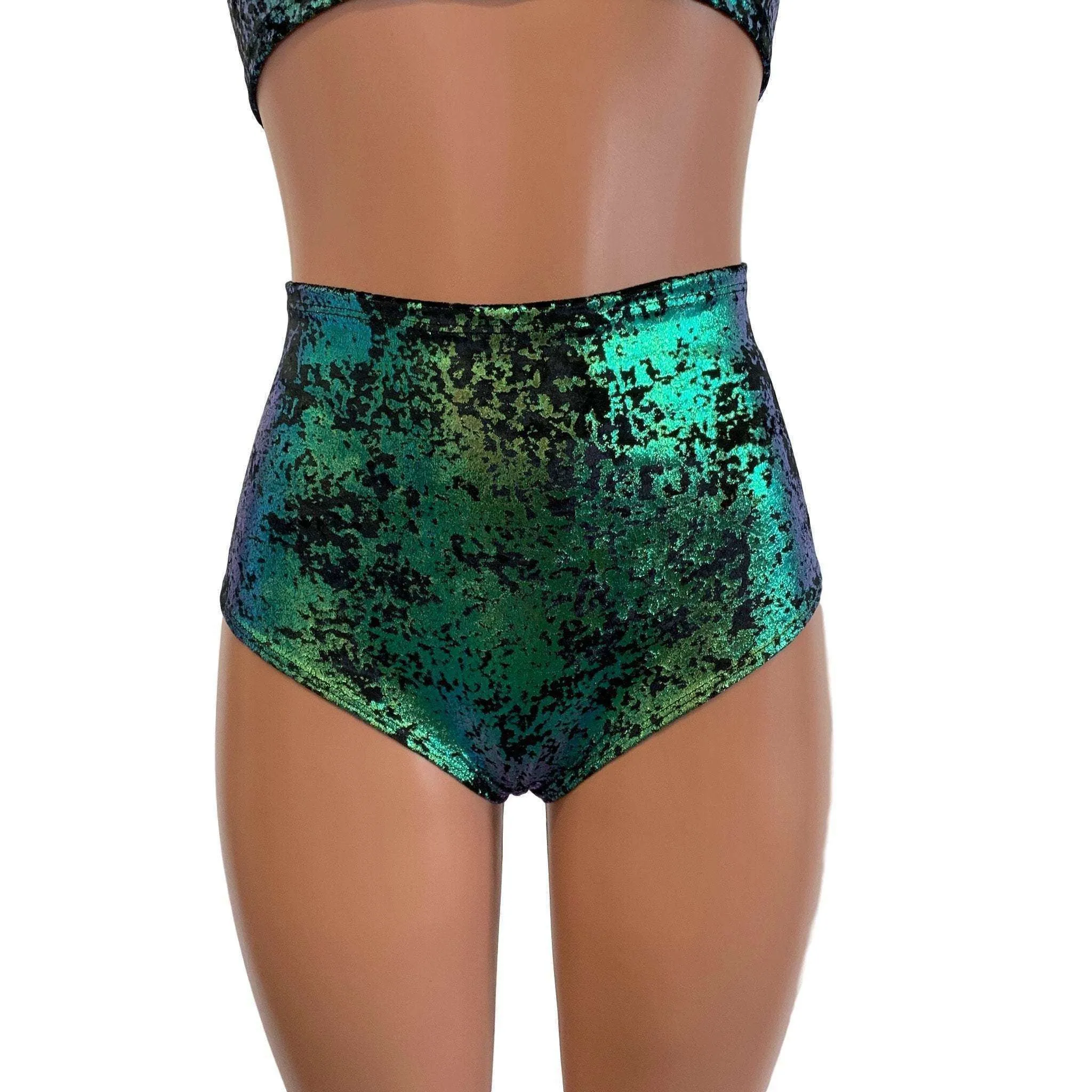 High Waist Scrunch Bikini Hot Pants - Black/Green Gilded Velvet