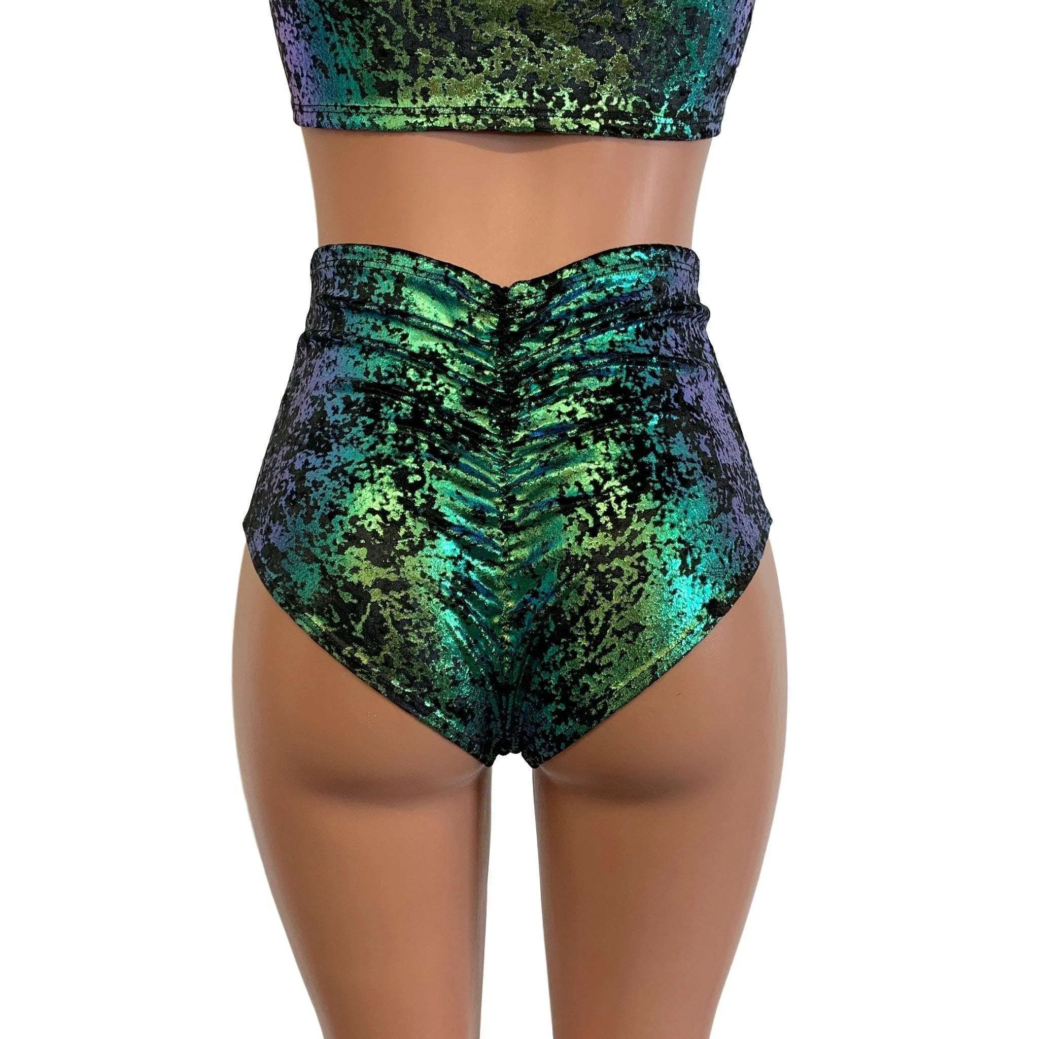 High Waist Scrunch Bikini Hot Pants - Black/Green Gilded Velvet