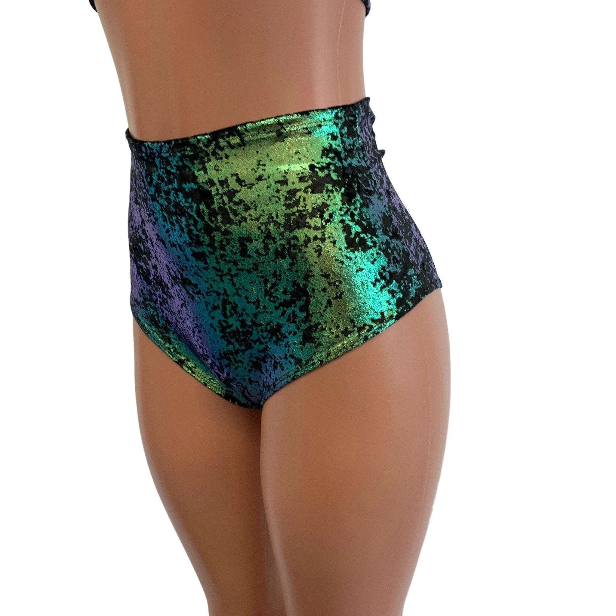 High Waist Scrunch Bikini Hot Pants - Black/Green Gilded Velvet