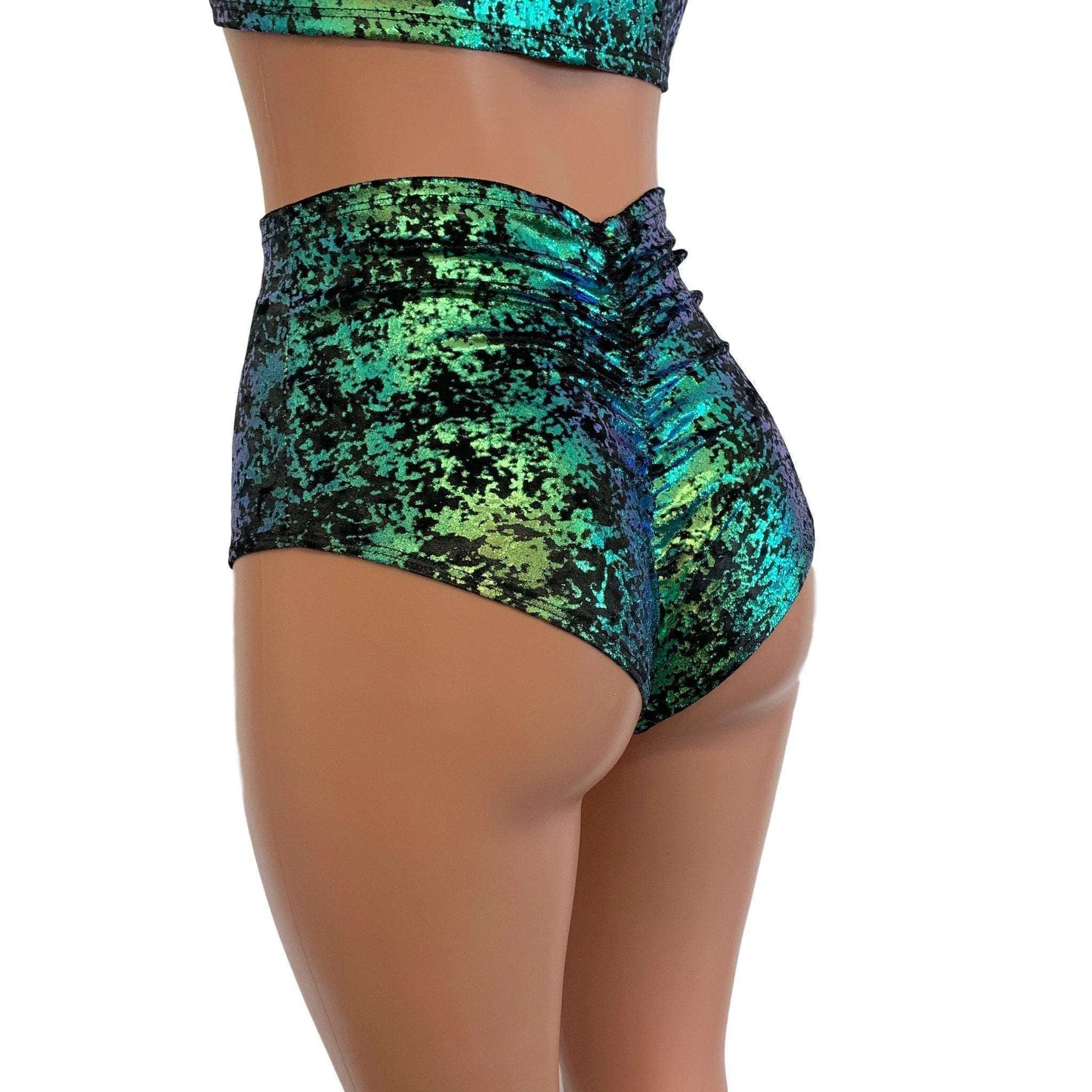 High Waist Scrunch Bikini Hot Pants - Black/Green Gilded Velvet