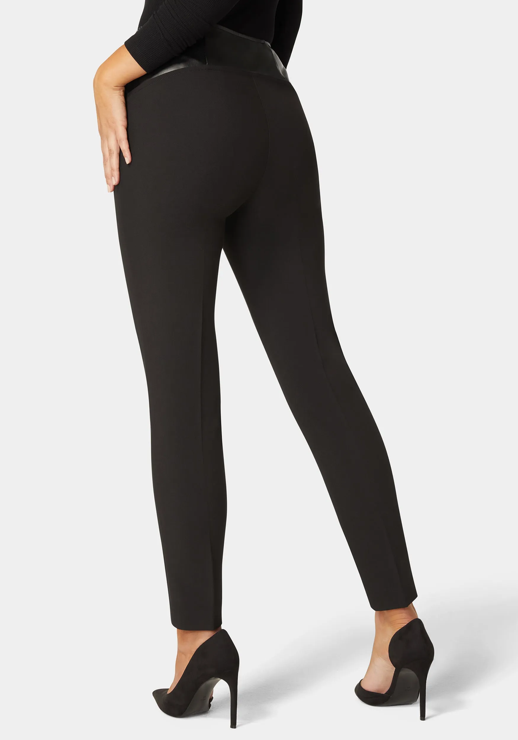 High Waist Vegan Leather Yoke Woven Twill Slim Leg Pant