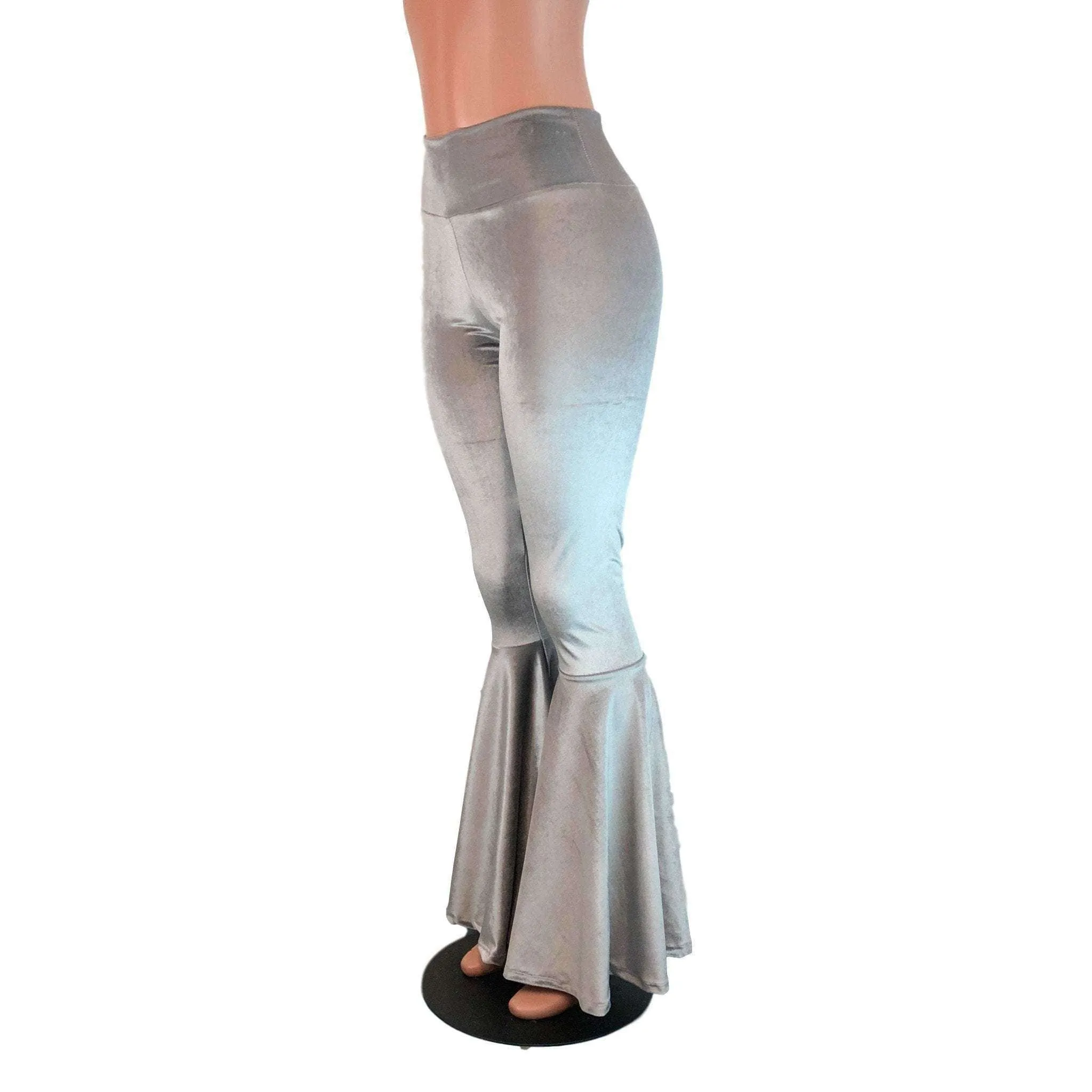 High Waisted Bell Bottom Flares - Silver Gray Velvet