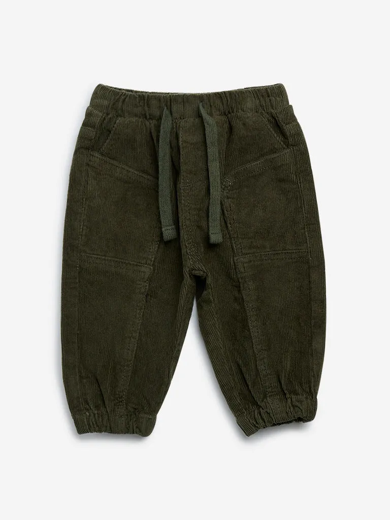 HOP Baby Olive Corduroy Mid-Rise Cotton Blend Joggers