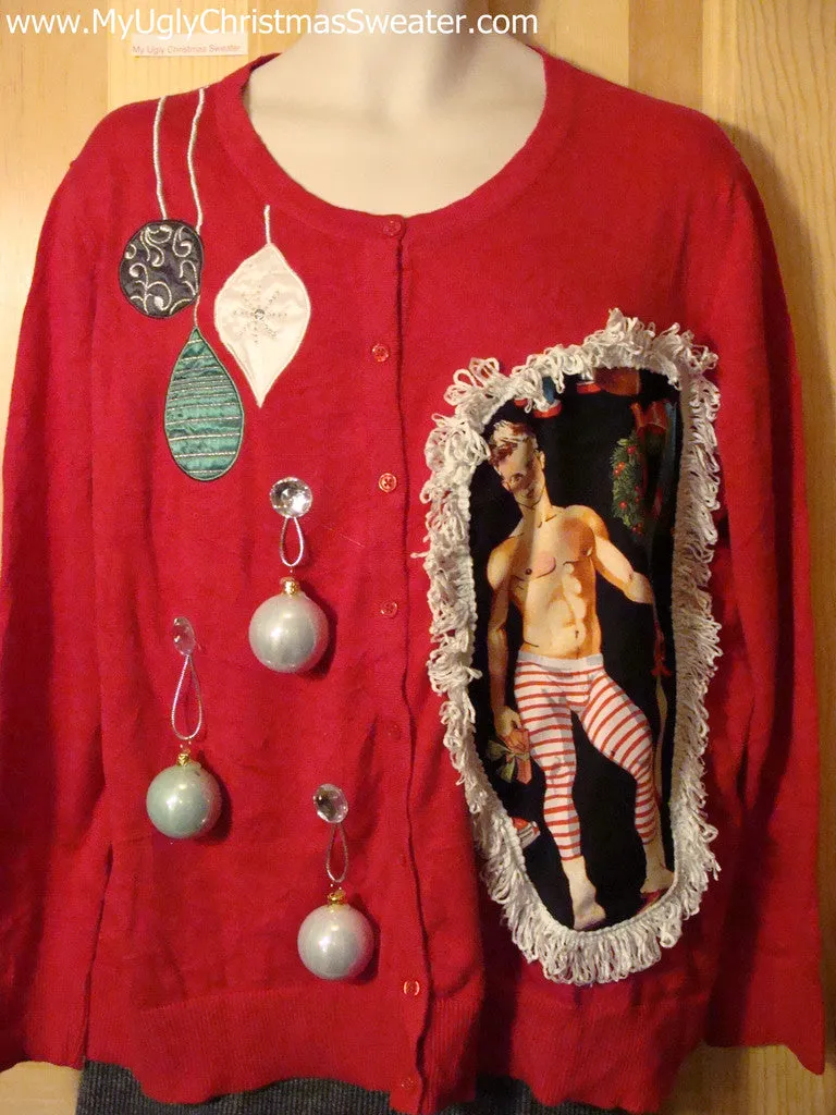 Hottie Guy Tacky Ugly Christmas Sweater Dangling Fringe & 3D Ornaments (b11)