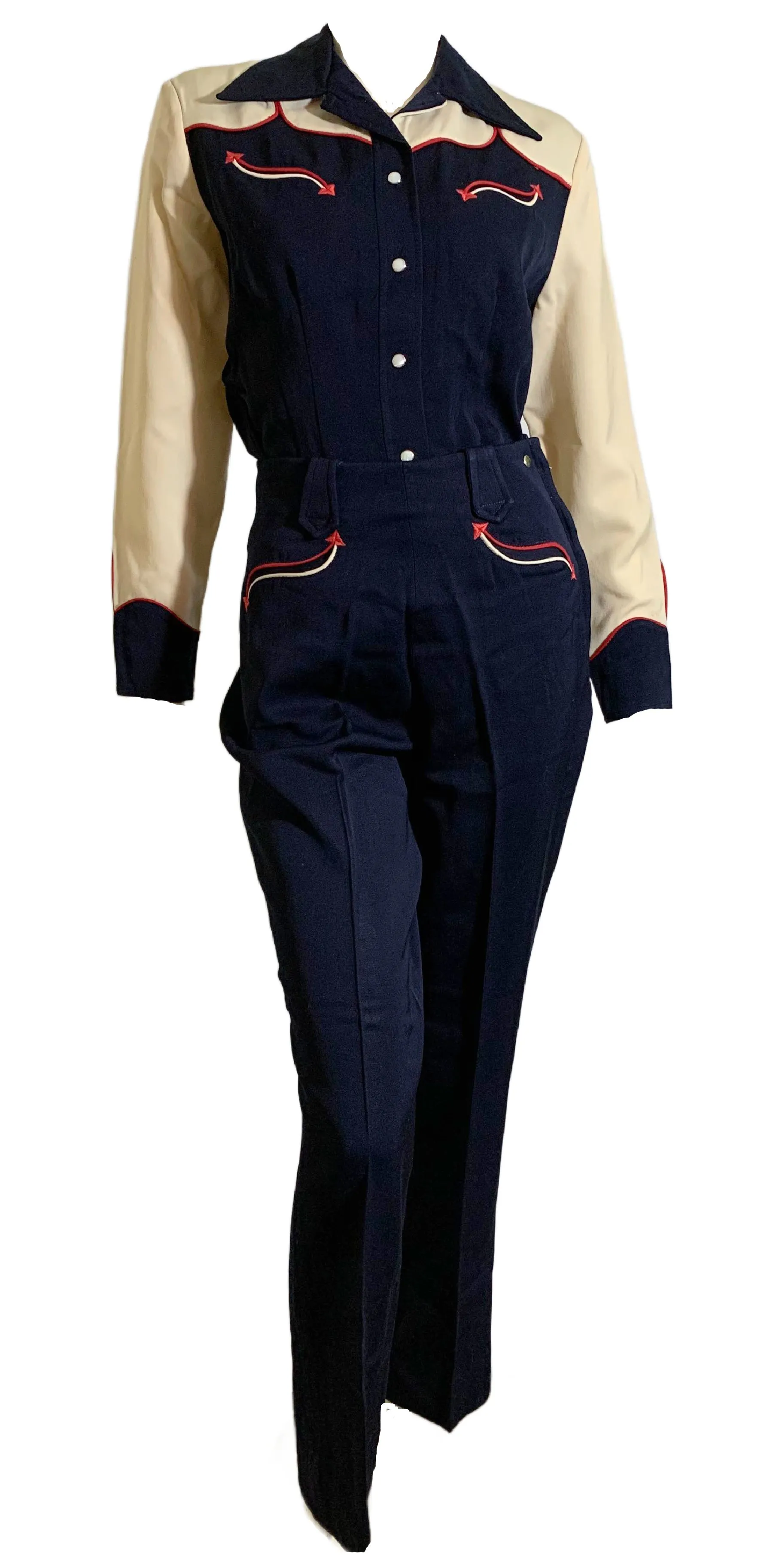 Iconic Deep Blue Gabardine Western 2 Pc Set with Red and Off White Accents circa 1940s