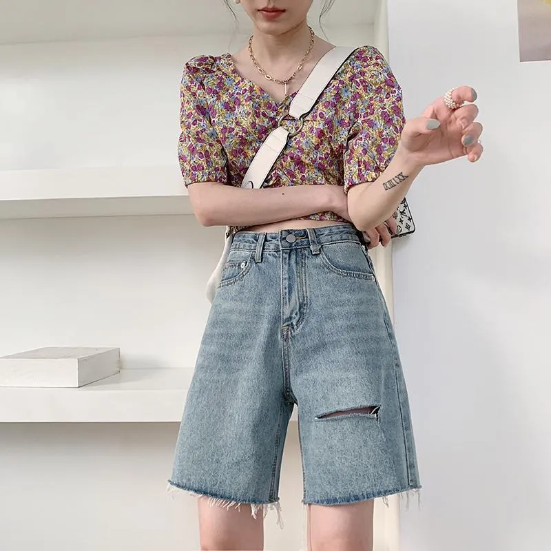 ins Denim Shorts Women Loose Korean BF Summer High Waist A-Line Wide Leg Ripped Mid-Length Pants Straight Hong Kong Bermuda Shorts