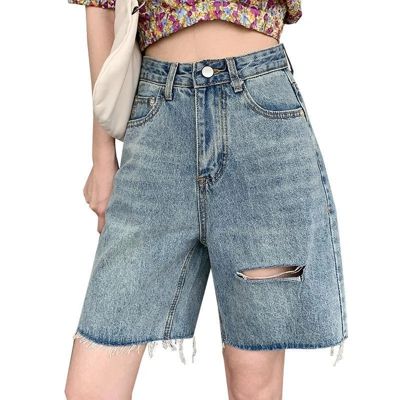 ins Denim Shorts Women Loose Korean BF Summer High Waist A-Line Wide Leg Ripped Mid-Length Pants Straight Hong Kong Bermuda Shorts