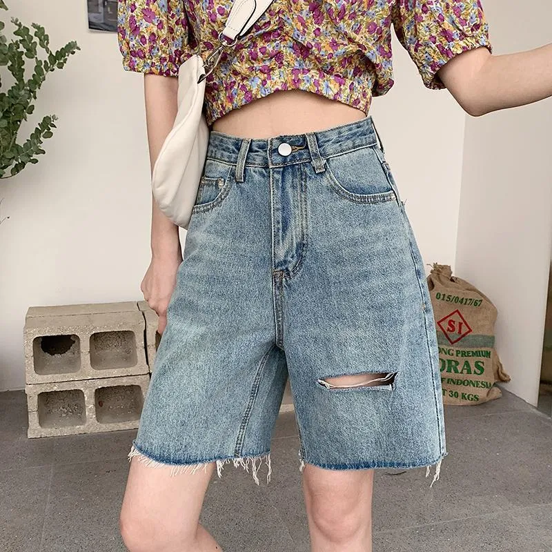 ins Denim Shorts Women Loose Korean BF Summer High Waist A-Line Wide Leg Ripped Mid-Length Pants Straight Hong Kong Bermuda Shorts