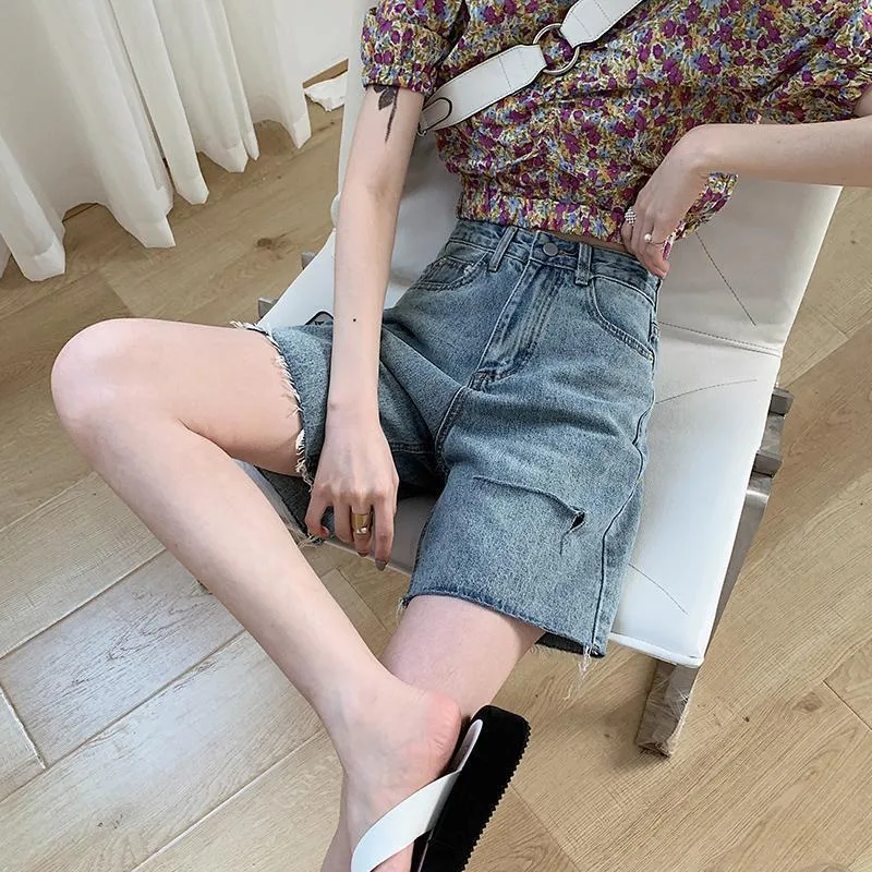 ins Denim Shorts Women Loose Korean BF Summer High Waist A-Line Wide Leg Ripped Mid-Length Pants Straight Hong Kong Bermuda Shorts