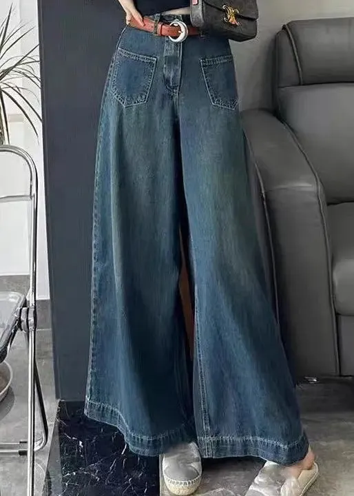 Italian Blue Pockets High Waist Denim Wide Leg Pants Spring HA1056