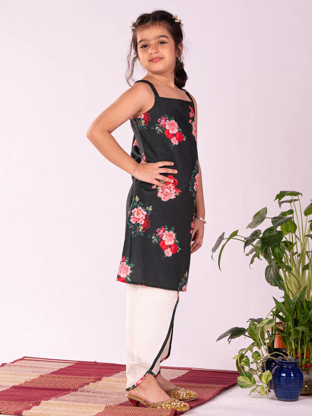 Jashvi Girls' Floral Printed Cotton Silk Kurta And Tulip Pant Set