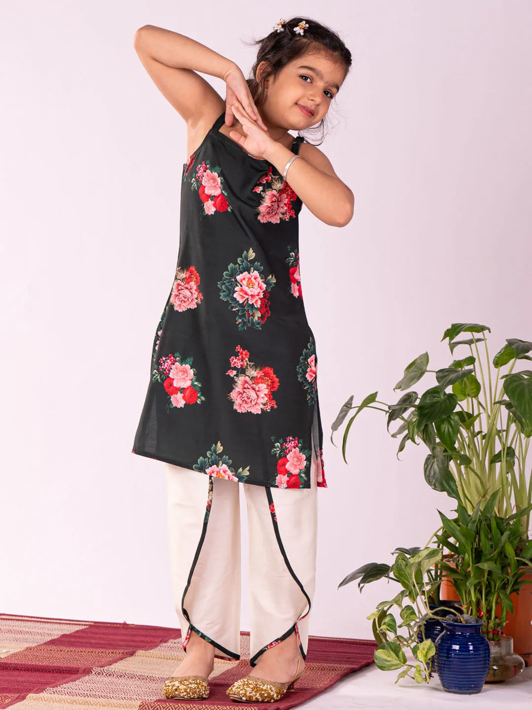 Jashvi Girls' Floral Printed Cotton Silk Kurta And Tulip Pant Set