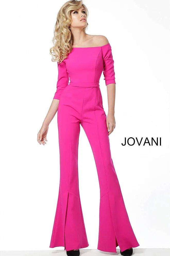 Jovani 1867 off the shoulder fitted bell bottom jumpsuit long sleeve