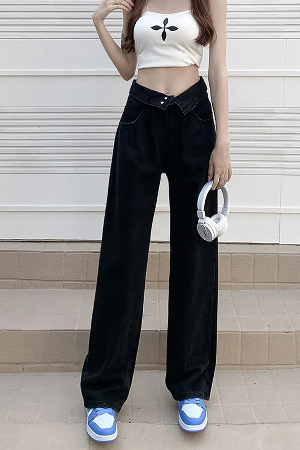 KittenAlarm - High Waist Extended Button Black Long Jeans Pants