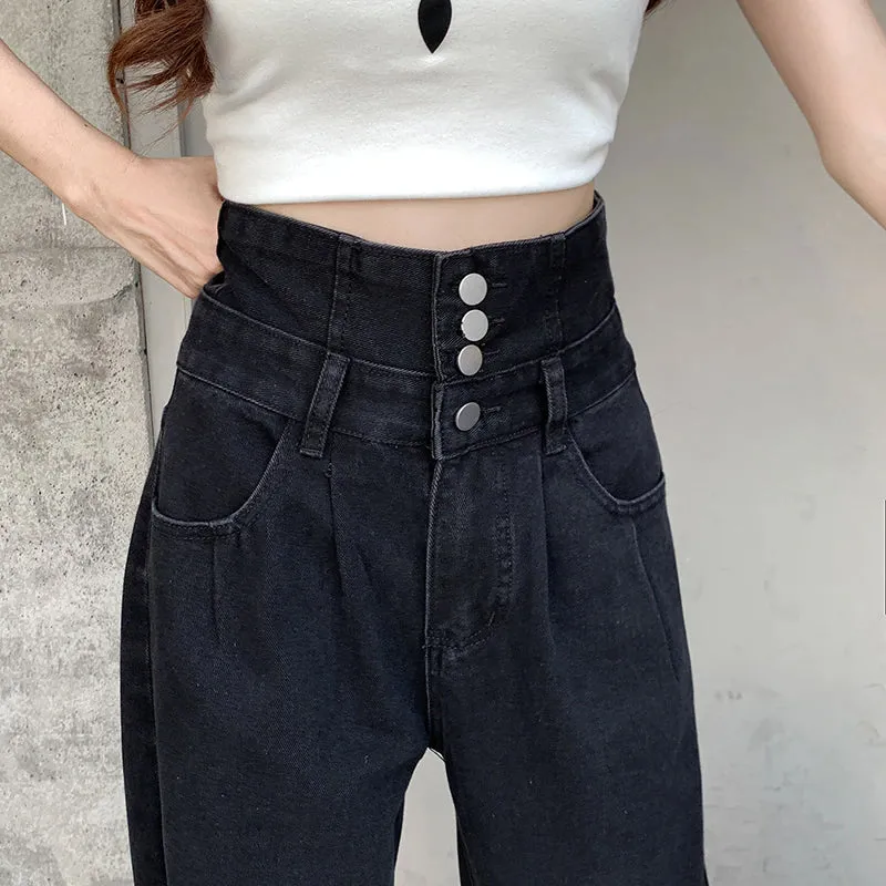 KittenAlarm - High Waist Extended Button Black Long Jeans Pants