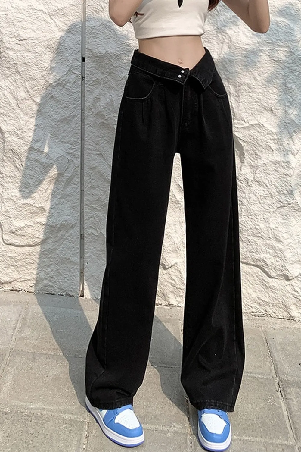 KittenAlarm - High Waist Extended Button Black Long Jeans Pants