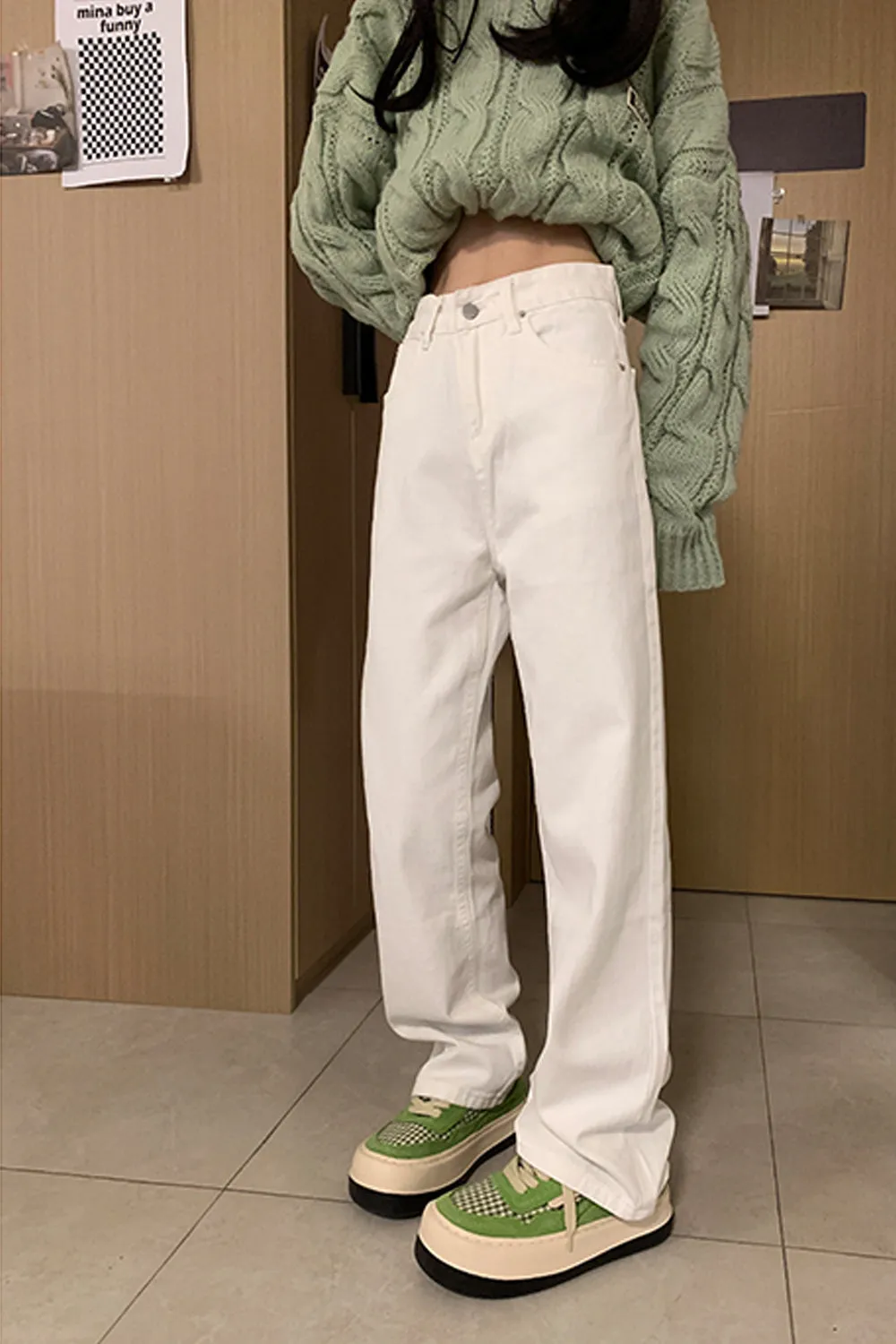 KittenAlarm - High Waist Vintage White Long Jeans Pants