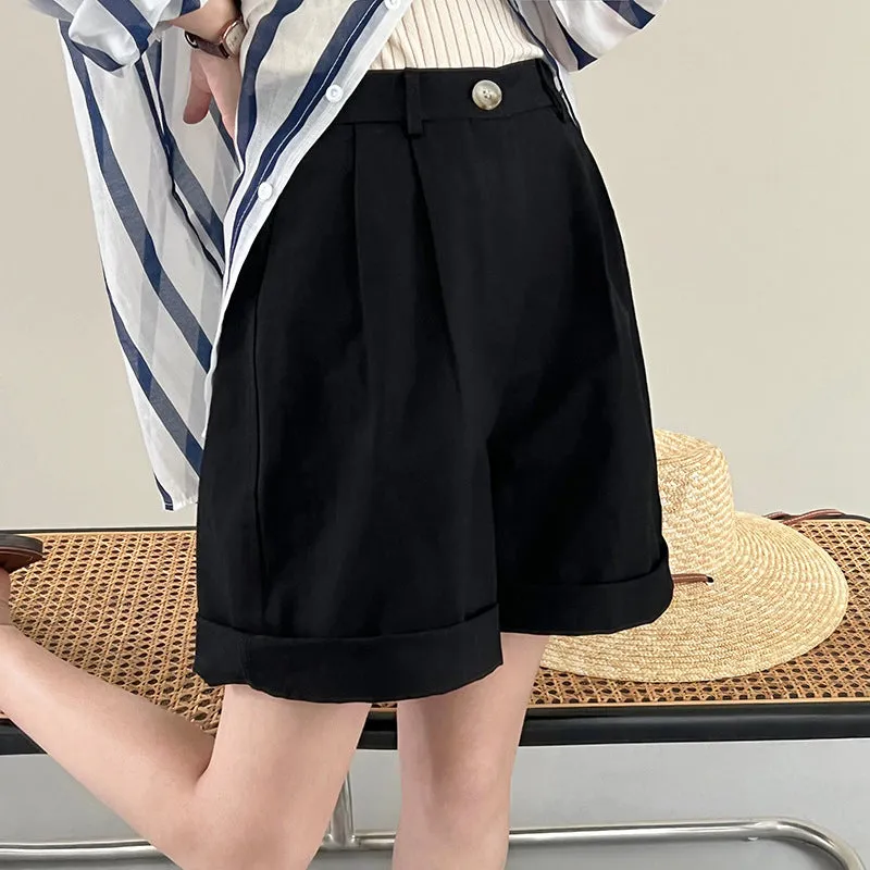 [Korean style] High Waist Pleated A-line Bermuda Shorts