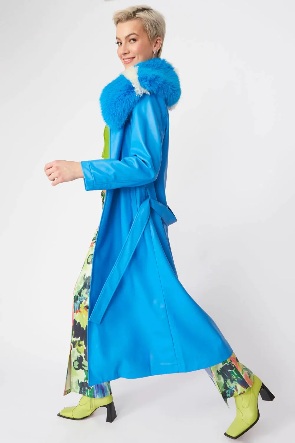 Ladies Blue Tencel Blend Eco Leather Trench Coat