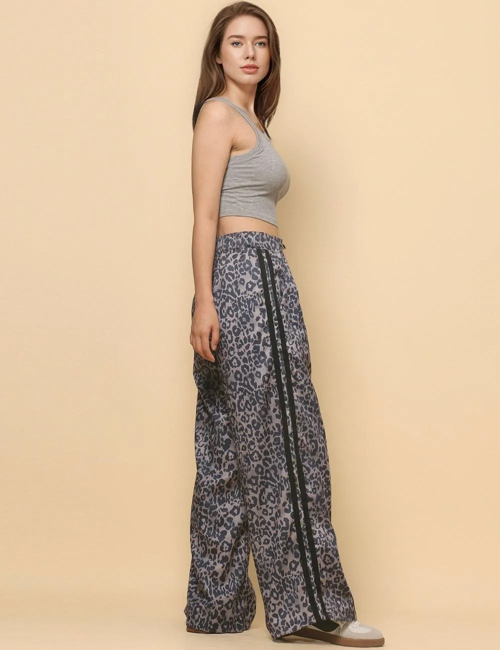 Ladies Woven High Waist Leopard Wide Leg Pants SKP4729