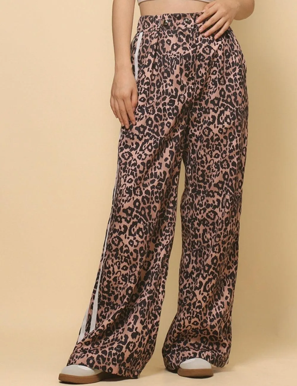 Ladies Woven High Waist Leopard Wide Leg Pants SKP4729