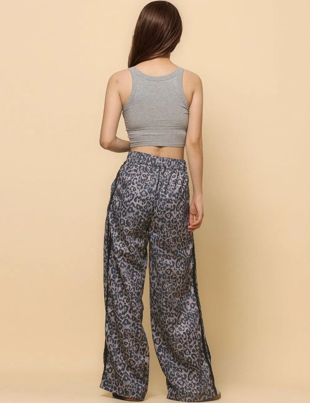 Ladies Woven High Waist Leopard Wide Leg Pants SKP4729