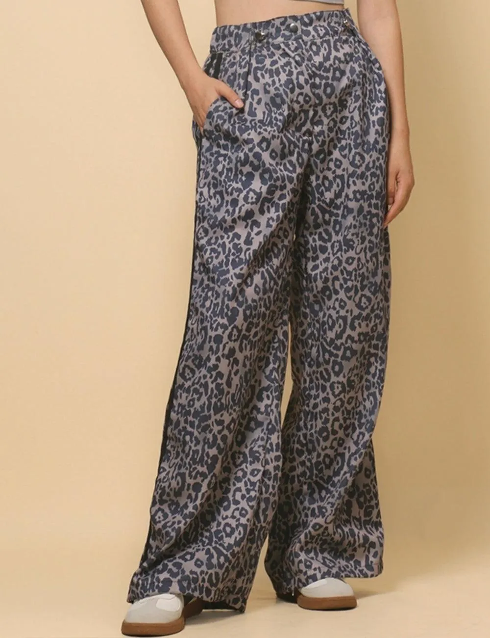 Ladies Woven High Waist Leopard Wide Leg Pants SKP4729