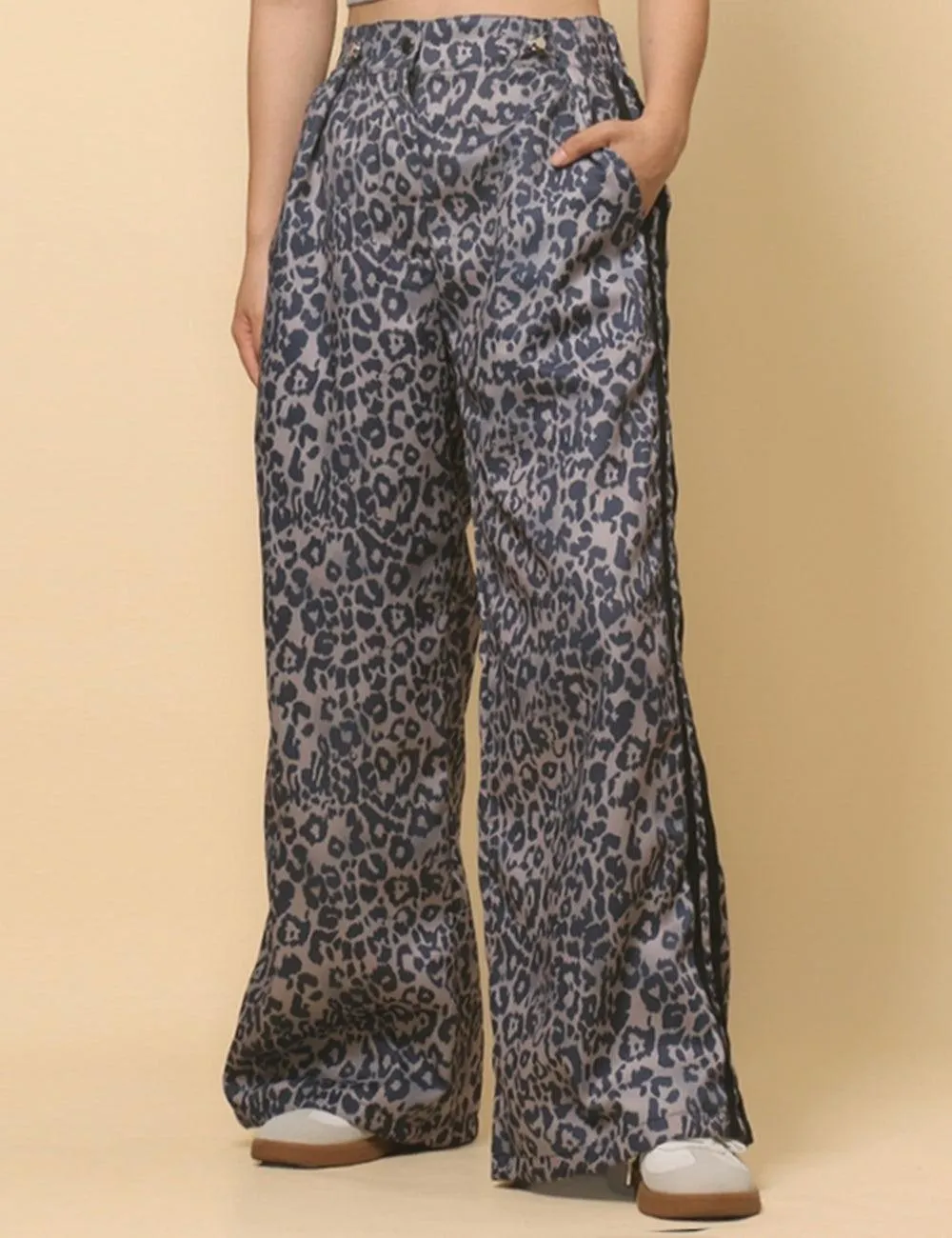 Ladies Woven High Waist Leopard Wide Leg Pants SKP4729