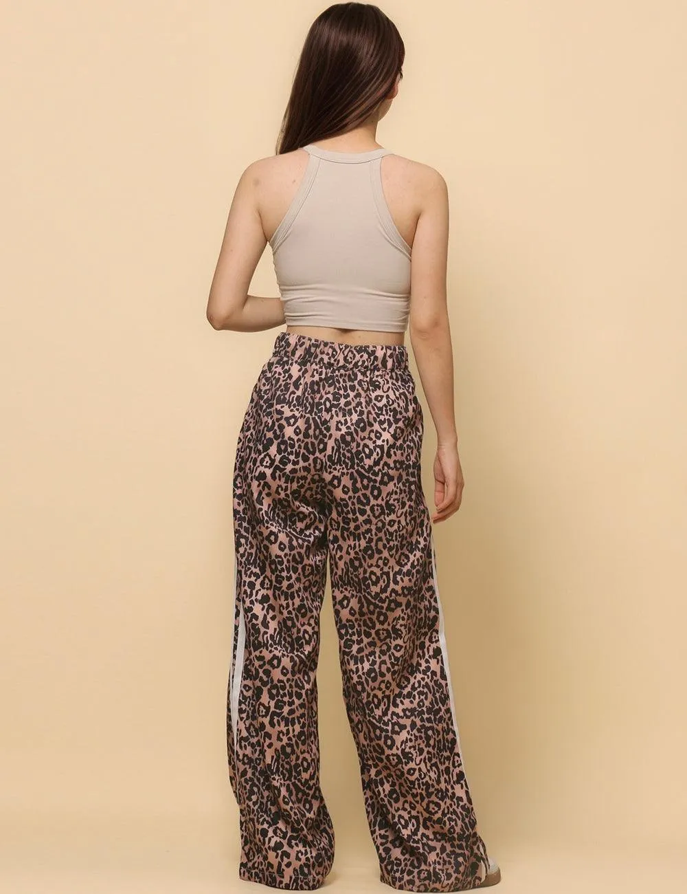 Ladies Woven High Waist Leopard Wide Leg Pants SKP4729