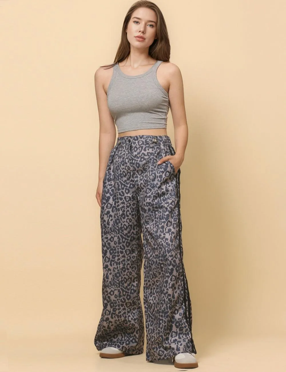 Ladies Woven High Waist Leopard Wide Leg Pants SKP4729