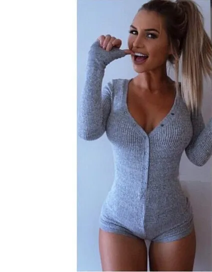 Leisure Sexy V-neck Long Sleeve Bodycon Knitted Cotton Rompers For Ladies