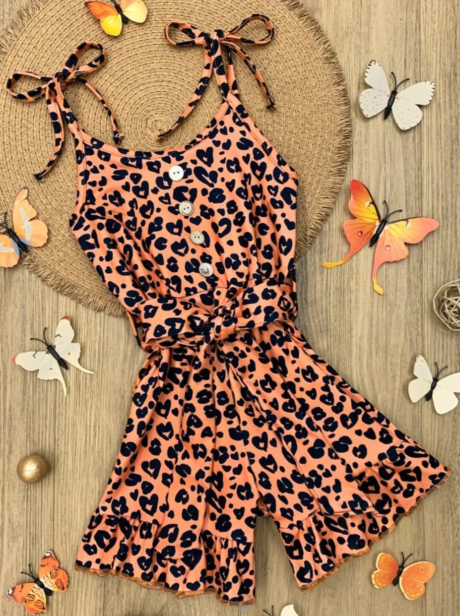 Leopard Adventure Drawstring Ruffled Romper