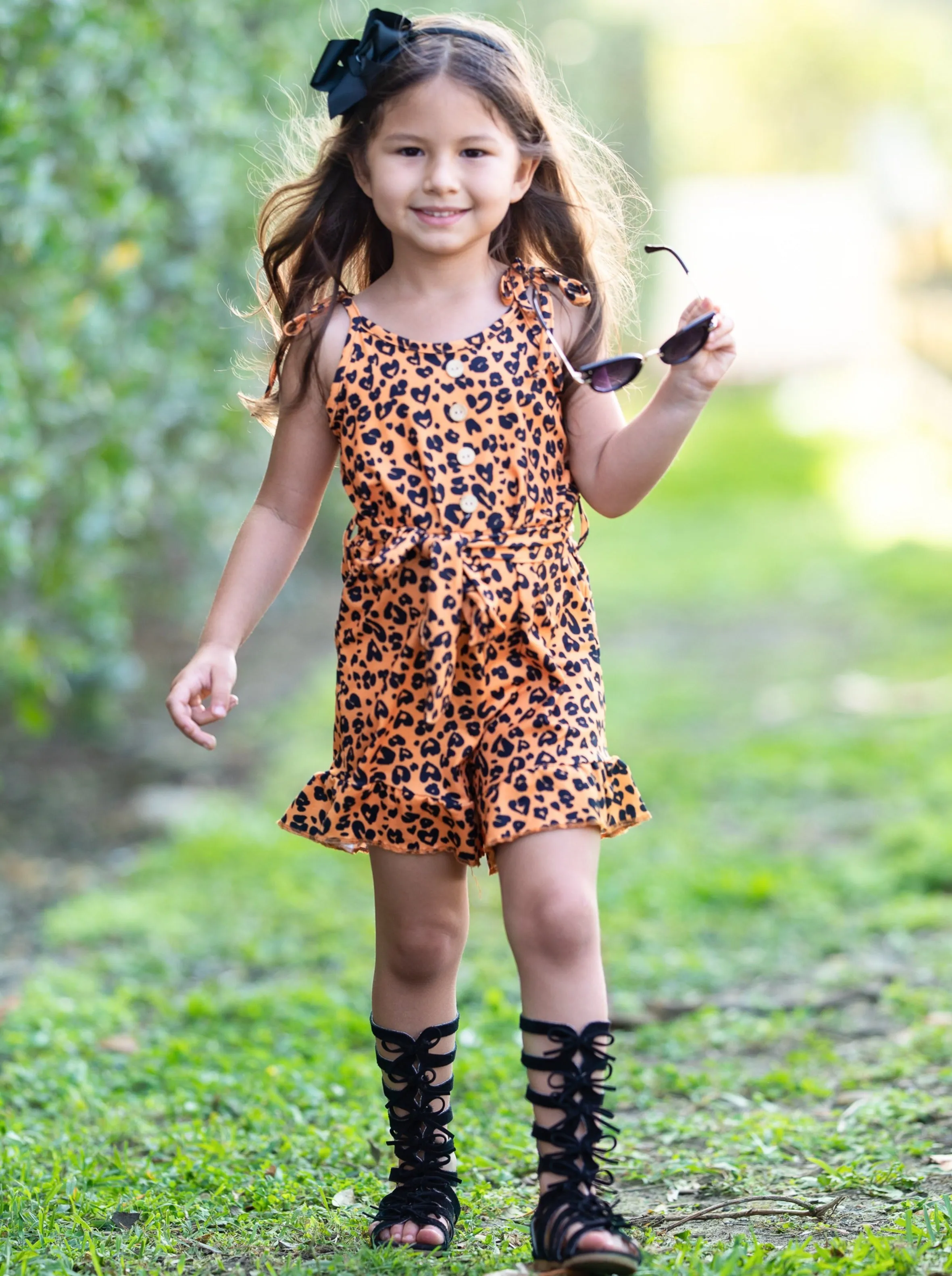 Leopard Adventure Drawstring Ruffled Romper