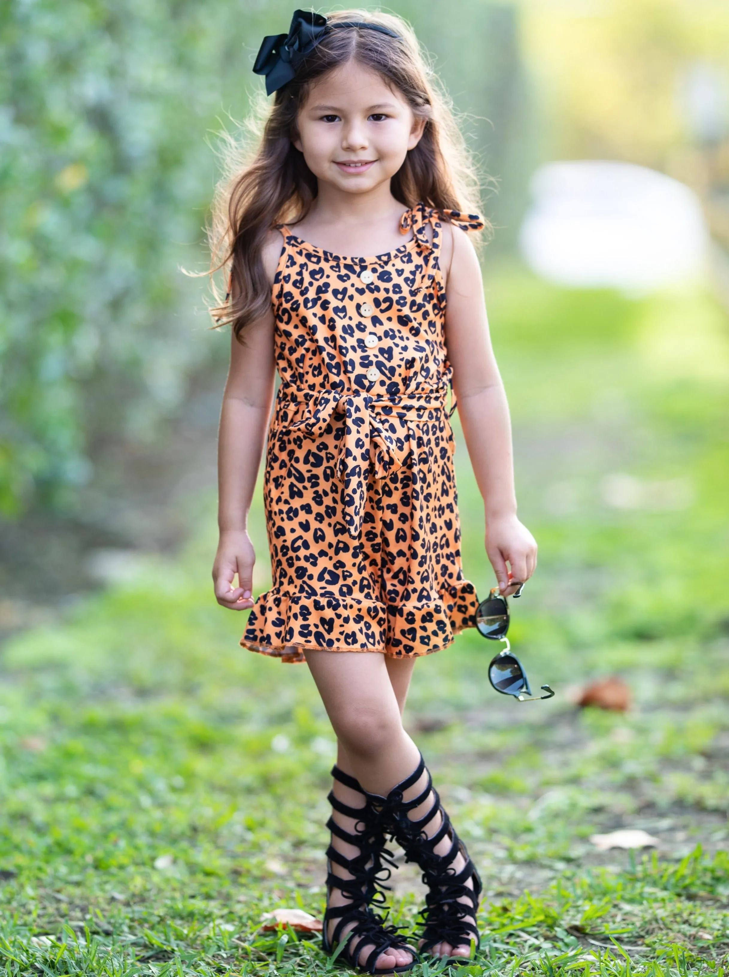 Leopard Adventure Drawstring Ruffled Romper