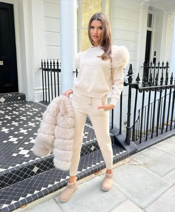 Light Beige Premium Faux Fur Hooded Tracksuit