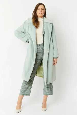 Light Green Faux Fur Midi Shaved Shearling Coat